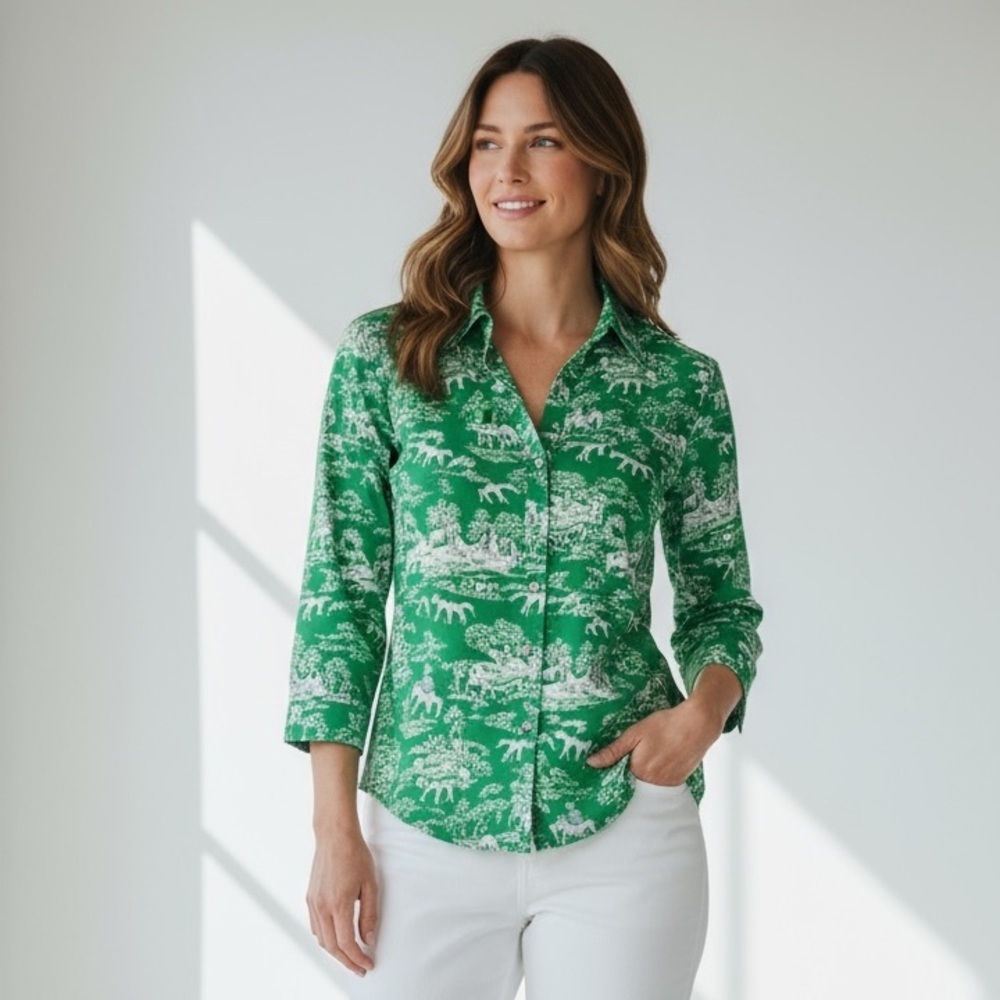 Charter Club Green and White Printed Button-Up Blouse